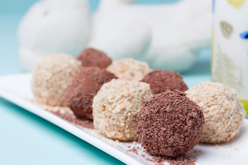 Homemade candies with chocolate and almonds powder