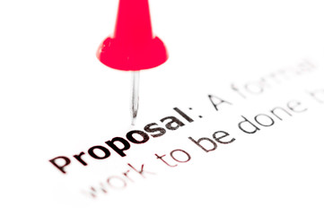 Word PROPOSAL pinned on white paper with red pushpin