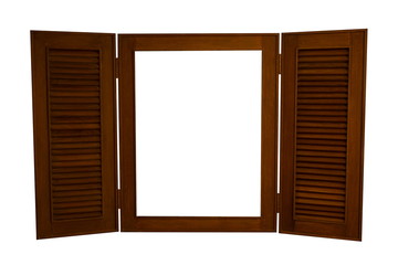 Opened Wooden Window Isolated on White Background, With Copy Spa