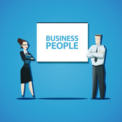 Vector business people concept. Businessman and businesswoman standing in front of the flip chart