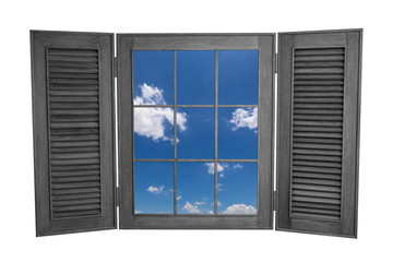 Opened Wooden Window to View of Blue Sky Isolated on White Backg