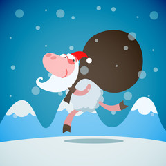 Christmas card - sheep is running with sack of a gifts as a Sant