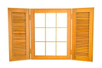 Opened Wooden Window Isolated on White Background, With Copy Spa