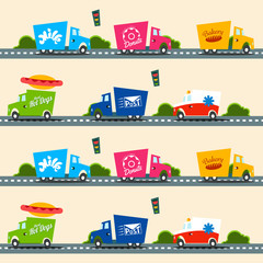 Urban cargo trucks vector seamless pattern in simple kids style