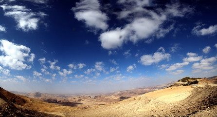 Fototapeta na wymiar wide panorama on desert with cloudscape
