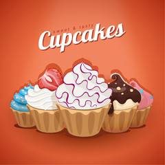 Vector illustration of sweet and tasty cupcakes