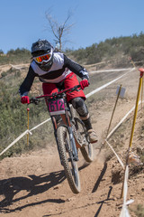 Fototapeta na wymiar Downhill competition, Biker rides fast in the countryside.