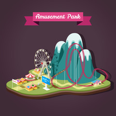 Vector isometric illustration of Amusement Park with different a