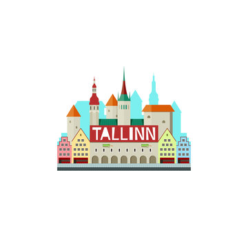 Vector illustration of Tallinn Estonia with city hall and cute s