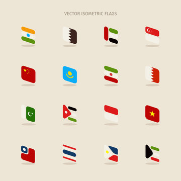 Vector set of isometric flags in simple style of India, Qatar, B