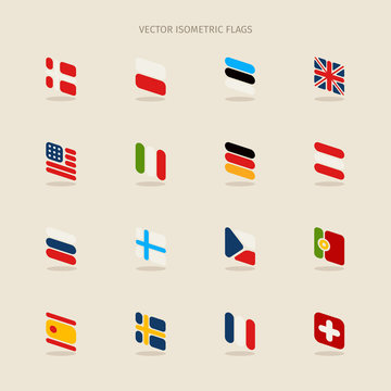Vector isometric flags with rounded corners in simple style