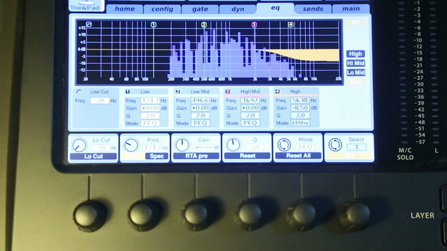 On the monitor, the audio mixer indicator moves to the beat of the music