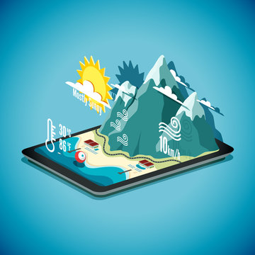 Vector isometric concept of weather forecast program on tablet P