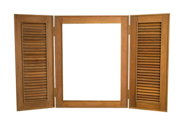 Opened Wooden Window Isolated on White Background, With Copy Spa