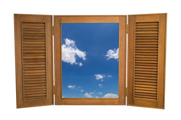 Opened Wooden Window to View of Blue Sky Isolated on White Backg