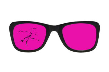 Broken pink glasses in black frame.Isolated .