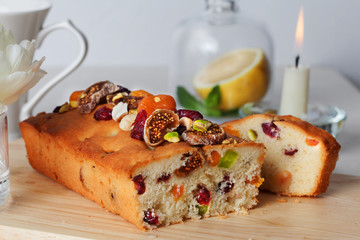 plum cake food candied fruits, nuts, dried apricots, figs, close