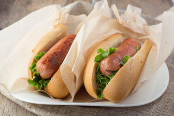 Two hotdogs on plate rustic