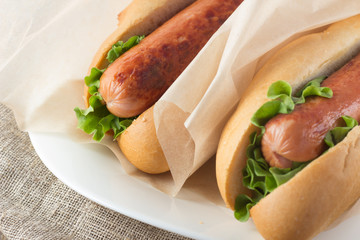 Hotdogs on wooden table