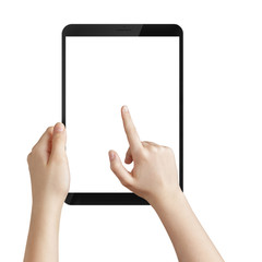 female hand holding a tablet pc with white screen