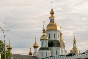Fototapeta na wymiar Cathedral (1689) of the St. Intercession orthodox Monastery in Kharkiv, Ukraine in sunny summer day