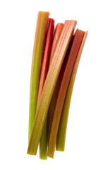 freshly cut stems of rhubarb isolated on white background
