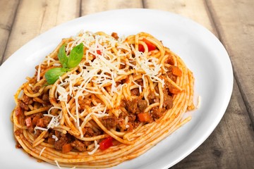 Spaghetti, pasta, dish.