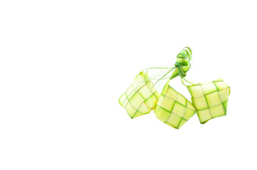 A diamond Ketupat shaped a natural rice casing made from young coconut leaves for cooking rice on white background