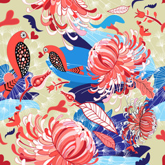 floral pattern with birds in love