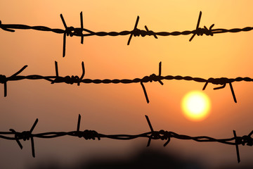 Setting sun behind barbed wire