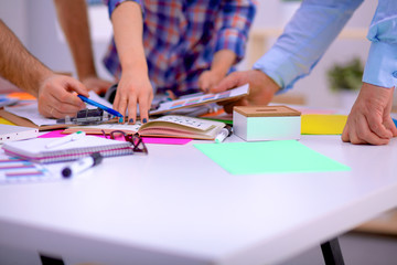 Fototapeta premium Young business people working at office on new project