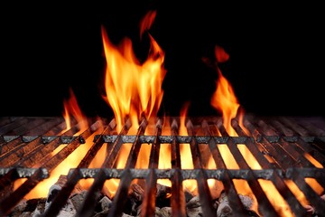 Hot Empty Charcoal BBQ Grill With Bright Flames - obrazy, fototapety, plakaty