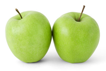 Two green apples on a white background