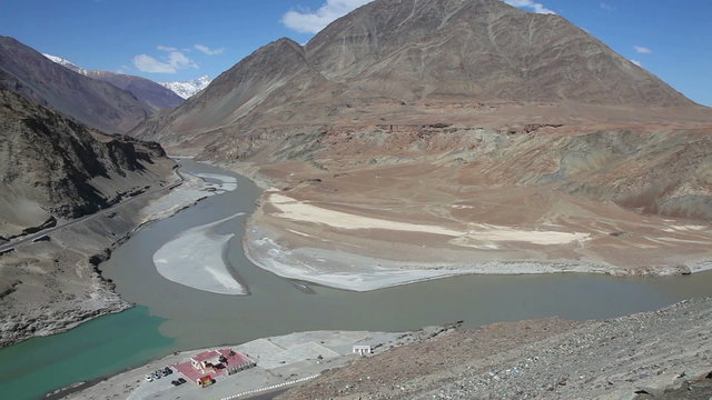 Confluence of River Zanskar and River Indus in Leh, Ladakh Region, India