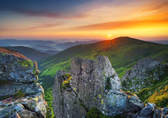 Fototapeta na wymiar Mountain valley during sundown. Natural summer landscape
