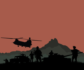 Silhouette of military soldiers team or officer with weapons and