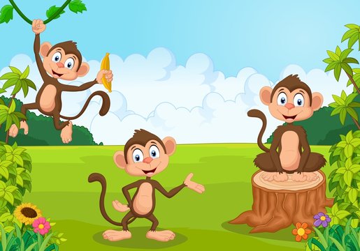 Cartoon illustration monkey playing in the forest