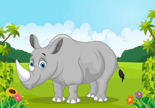 Cartoon happy rhinoceros in the jungle 