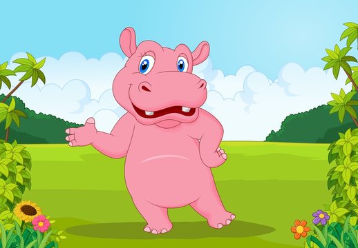 Cartoon big hippo waving