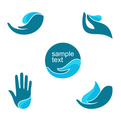 Set of emblems and labels with human hands and water drops for natural beauty, health care and ecology design