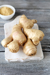 Spicy ginger on a cutting board
