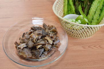 fried pork entrails with garlic and vegetable