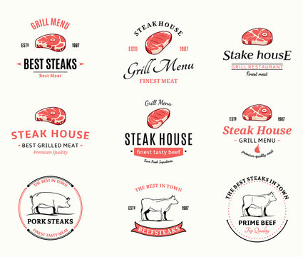 Grill Steak Logos, Labels, and Design Elements. Steaks for BBQ and Grill Steakhouse Labels