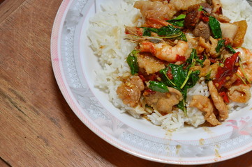 spicy fried stir basil leaf with shrimp and pork
