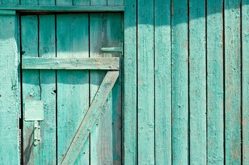 Green wooden door with part of fence copyspace