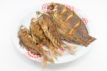 Deep fried Tilapia and Carp on white background.