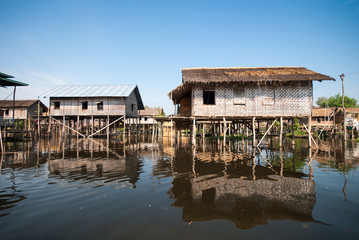 Floating houses in a village of Inle lake