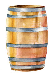 A watercolor drawing of a wine barrel on white background