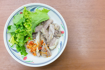 Tenderloin cook by streaming serve with vegetable and pickled chilli