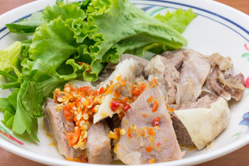 Tenderloin cook by streaming serve with vegetable and pickled chilli